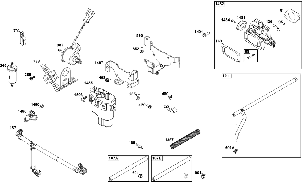 Throttle Body And Fuel Supply Group Diagram and Parts List for 54E177-0108-J1 400000 - 699999 Briggs and Stratton Engine